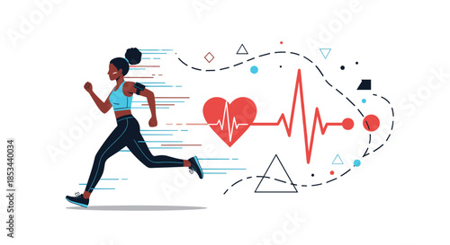 African American woman running with an armband, illustrating cardio fitness with a heart and EKG line in a modern, abstract style.