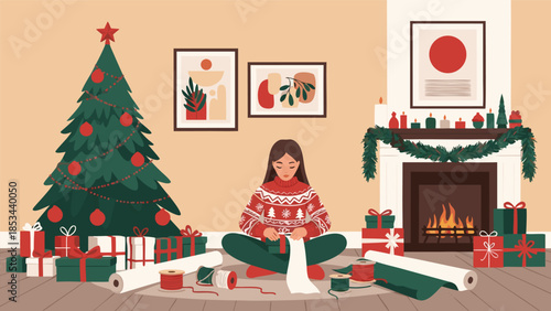 A Cozy Christmas Eve Woman Gift Wrapping by a Decorated Fireplace and Tree, Filled with Holiday Cheer and Warmth
