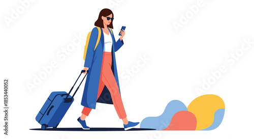 Stylish woman in a long coat walking with her rolling suitcase while looking at her smartphone, representing modern travel.