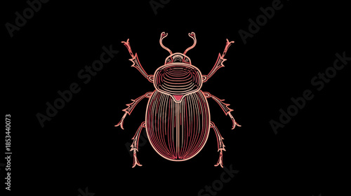 Futuristic abstract red outline beetle on black background. Digital glowing insect illustration, technology concept art.