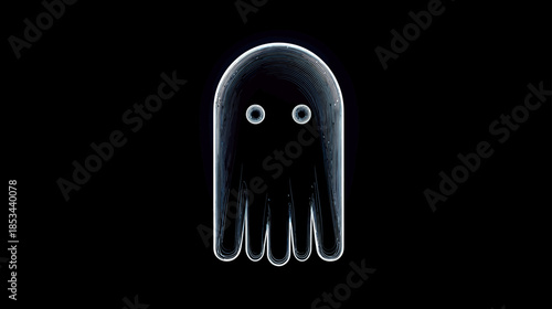 Abstract dark ghost character with glowing eyes. Mysterious and eerie spectral entity on a black background.