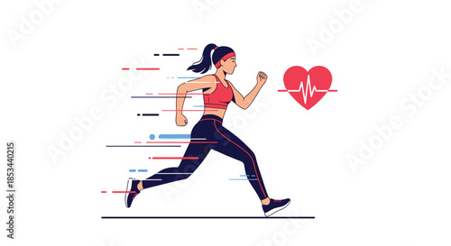 Fit young woman running at high speed, with a heart and EKG line symbol representing cardio health and athletic performance.