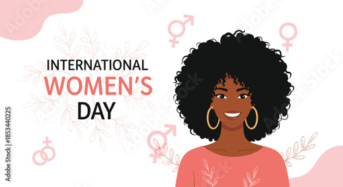 International Women's Day background with a smiling African American woman, gender symbols, and delicate pink floral elements.