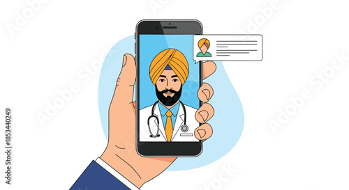 Telehealth concept with a hand holding a smartphone for a video call and chat with a male doctor wearing a turban.