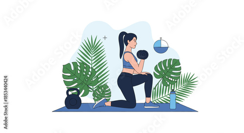 Woman doing a bicep curl with a dumbbell on a yoga mat at home, surrounded by tropical plants and fitness icons.