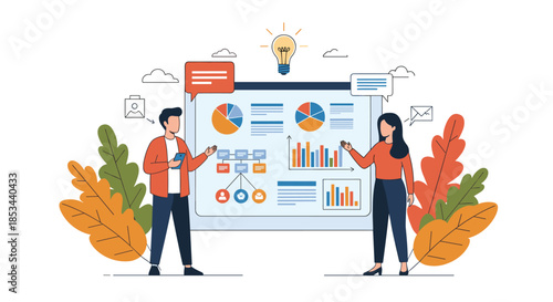 Two business colleagues analyzing data on a large dashboard with charts and graphs, brainstorming for a new project idea.