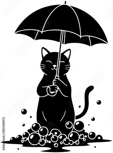 Cute Cat Under Umbrella Line Art Illustration