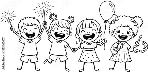 Playful group of cartoon corgis running and jumping together in a cheerful and whimsical black and white illustration