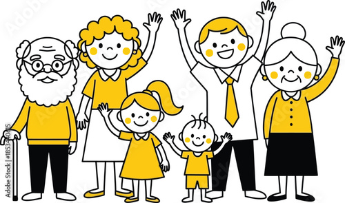 Charming hand drawn illustration of a diverse group of people celebrating together with raised hands and joyful expressions