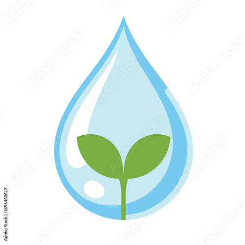 A vibrant green sprout flourishing within a pure blue water droplet, symbolizing life and sustainability