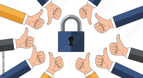 Concept of social approval for security, with multiple hands giving thumbs up and thumbs down gestures around a central locked padlock.