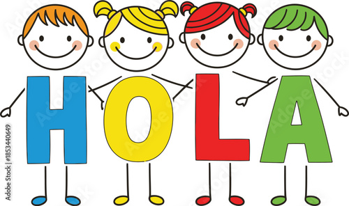 Colorful cartoon figures spelling the spanish greeting hola representing friendship and international communication with a playful design