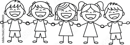 Charming doodle illustration of a diverse group of children holding hands in a playful and whimsical style