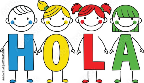 Colorful cartoon illustration of children forming the word hola with their bodies and waving cheerfully