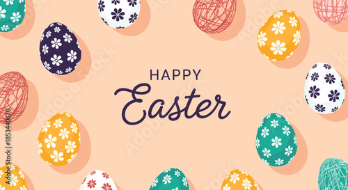 A festive 'Happy Easter' greeting card with cursive text in the center, surrounded by a pattern of colorful decorated eggs on a pastel background.