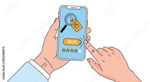 Hand holding a smartphone for online shopping, with a finger about to tap the 'BUY' button after searching for a product and checking reviews.