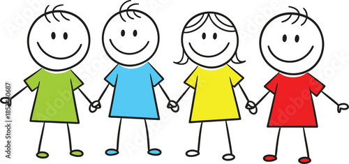 Charming doodle illustration of five children holding hands in a row representing friendship and togetherness
