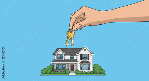 A large hand holding a set of keys over a modern two-story house, symbolizing real estate, homeownership, and buying or renting a new home.