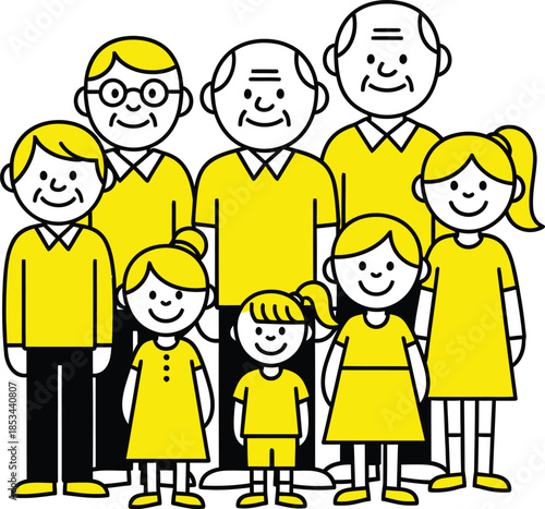 A cheerful cartoon illustration depicts a multigenerational family standing closely together in a warm yellow color scheme