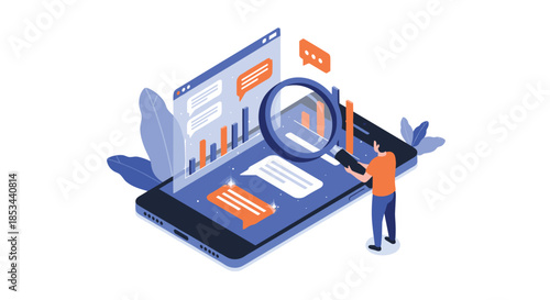 A man uses a magnifying glass to perform data analysis on charts and messages displayed on a smartphone in a modern isometric illustration.