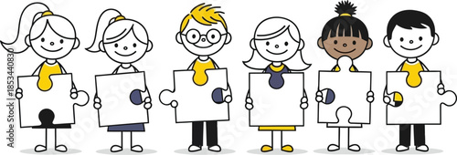 Whimsical doodle of diverse people with unique hairstyles and expressions in a playful black and white illustration