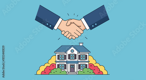A real estate deal is finalized with a large handshake over a modern two-story house, symbolizing a successful property sale or agreement.