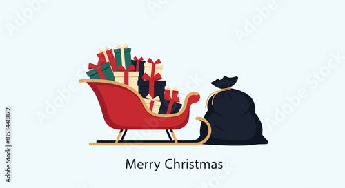 'Merry Christmas' greeting with a classic red Santa sleigh filled with colorful gift boxes and a large black sack of presents next to it.