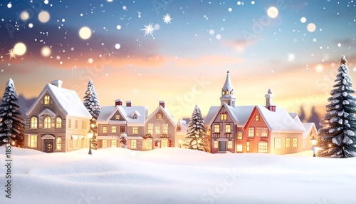 Wallpaper Mural A charming, snowy village scene at dusk, with cozy houses, twinkling lights, and evergreen trees under a starry sky Torontodigital.ca