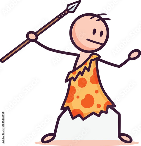 Playful caveman stick figure cheerfully wielding a spear and shield in a lighthearted prehistoric scene