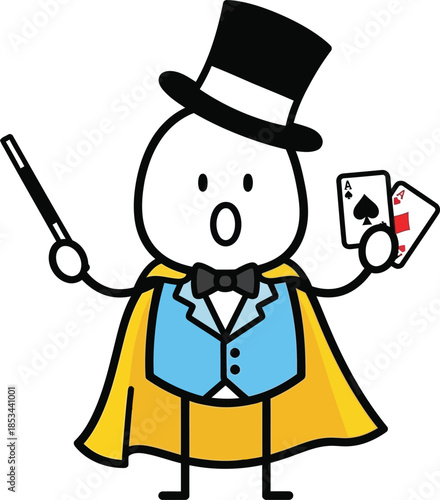 Charming doodle of a stick figure magician performing a card trick with a wand and surprised expression