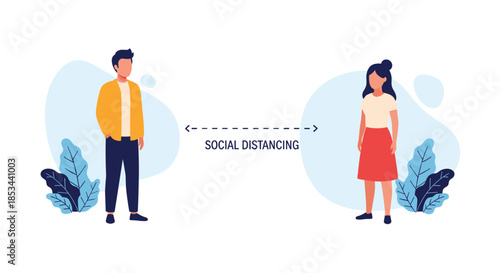 Man and woman practicing social distancing to prevent virus spread, standing apart with space between them for protection.