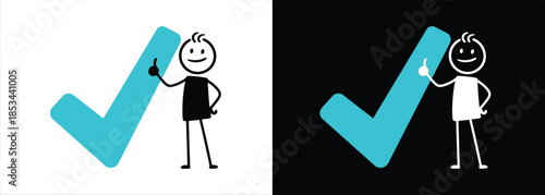 Simple stick figures holding large check marks on contrasting backgrounds