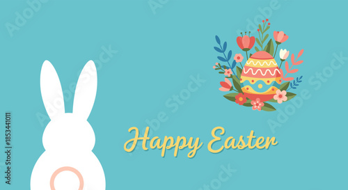 Happy Easter greeting card with a cute white bunny silhouette and a beautifully decorated egg with flowers on a blue background.