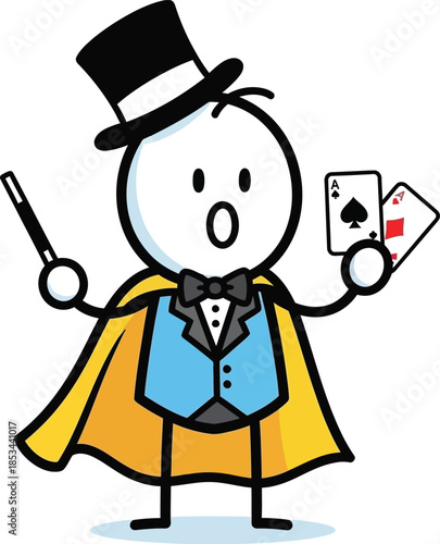 Charming doodle of a stick figure magician performing a card trick with a surprised expression and classic attire