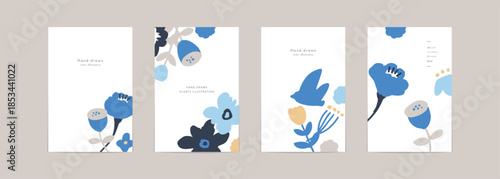 北欧風花と草木のポストカードテンプレート。バナー風植物背景。かわいい北欧柄。Scandinavian style flowers and grass postcard template. Banner style plant background. Cute Scandinavian pattern.