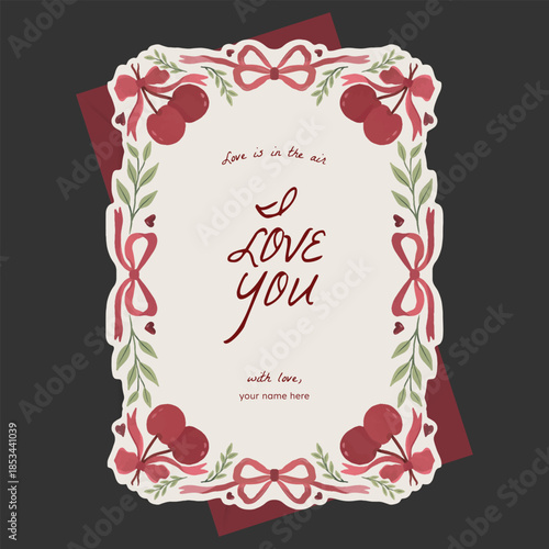 Red coquette, cherry, heart, branches floral, and ribbon illustration border for valentine, greeting, wedding, mothers day, birthday party, baby shower