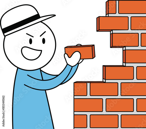 Stick figure construction worker happily laying red bricks to build a wall in a simple cartoon illustration