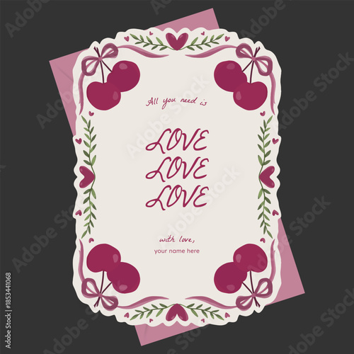 Purple coquette, heart, cherry and ribbon illustration border for valentine, greeting, wedding, mothers day, birthday party, baby shower