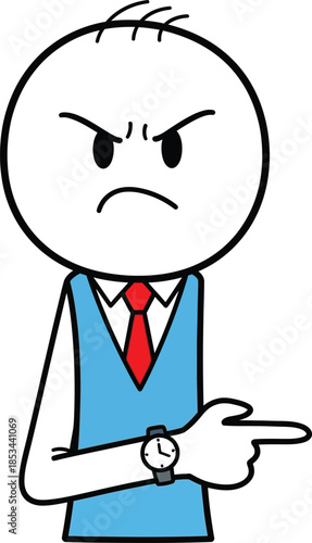A frustrated stick figure businessman points accusingly while checking his watch indicating a deadline is approaching quickly