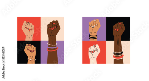 Collection of female fists raised in protest, symbolizing feminism, women's rights, and multiracial solidarity and empowerment.