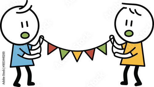 Two stick figures cheerfully hang colorful bunting flags together celebrating a festive occasion with simple joy