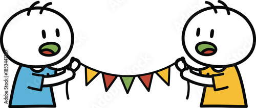 Two stick figures collaboratively hang colorful triangular flags creating a festive and cheerful celebratory atmosphere
