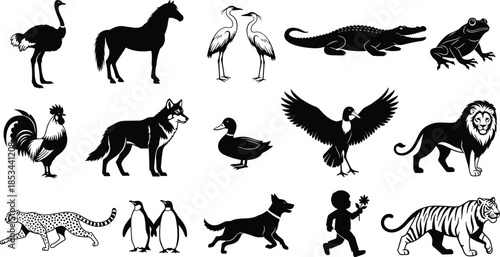 Black and White Silhouettes Collection of Various Wild Animals, Domestic Birds and Human Character Set Vector Illustration Icons.