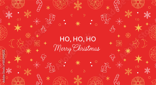Festive red Christmas background with 'Ho, Ho, Ho' text and a seamless pattern of gold and white holiday decorations.