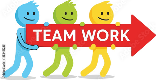 Colorful cartoon figures pushing a red arrow labeled team work illustrating collaboration and achieving common goals together