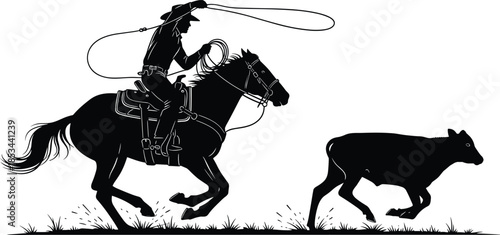 Black silhouette illustration of a cowboy on a galloping horse attempting to rope a calf with a lasso, depicting a dynamic western rodeo and ranch scene.