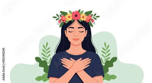 Serene woman with a flower crown and closed eyes, embracing herself in a concept of self-love, care, and mental wellness.