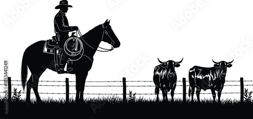 Black silhouette illustration of a cowboy on a standing horse with a lasso, facing two bulls at a grassy field with a wooden fence and barbed wire detail.