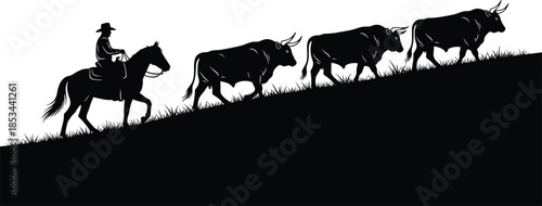 Black silhouette illustration of a cowboy on horseback driving a herd of three large bulls up a grassy hill, depicting a traditional western cattle ranch scene.