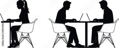 Black silhouette illustration set of a professional woman and two men sitting at small tables and working on laptops, possibly in a café or modern office setting.